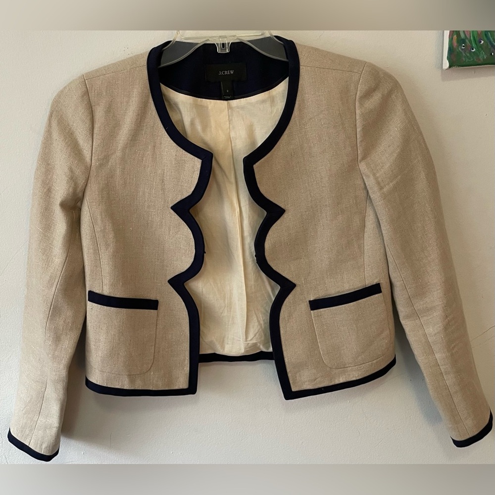 J. Crew Cream and Navy Linen Jacket and Pencil Skirt Suit Set - Picture 4 of 13